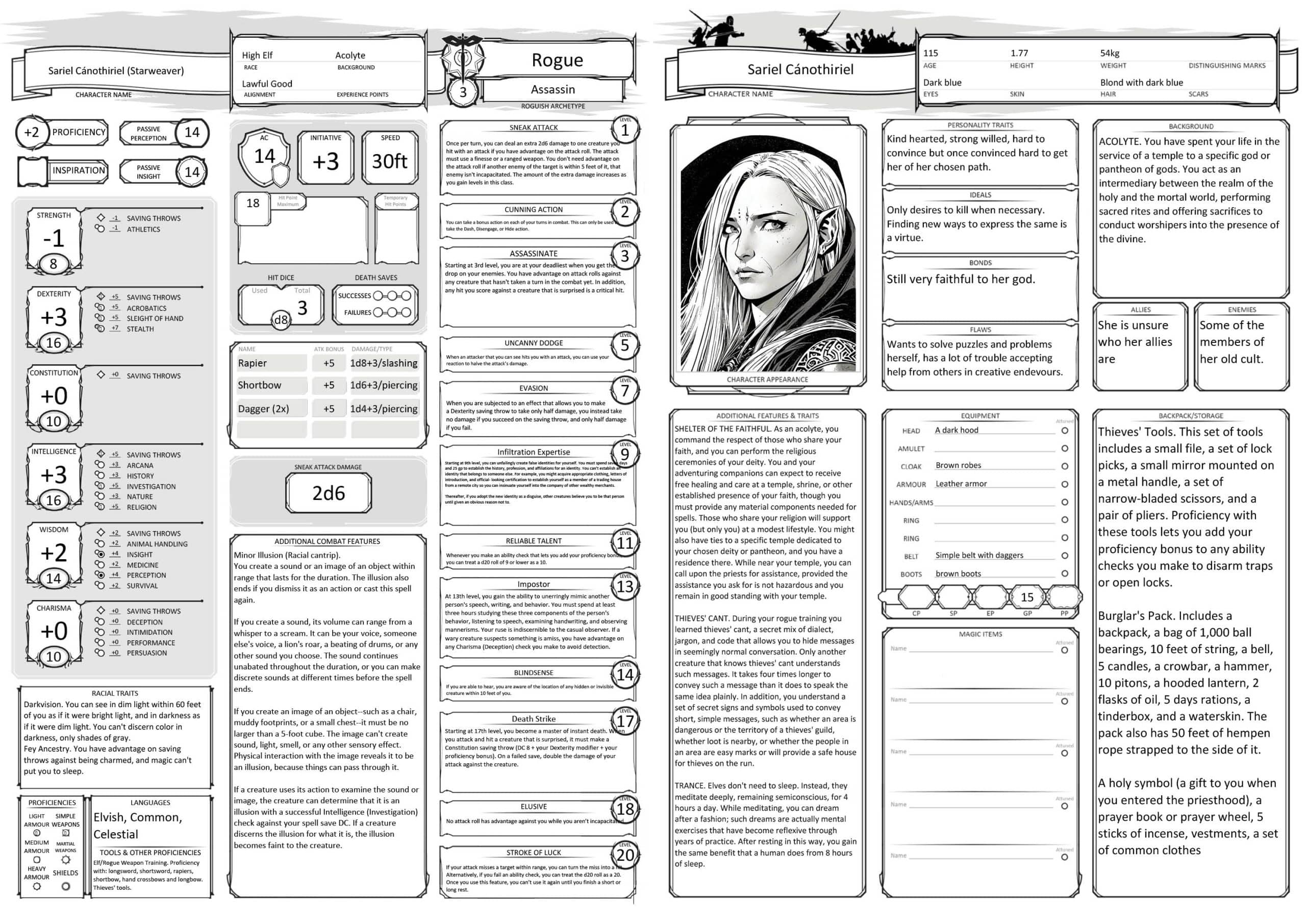 Charakterbogen‑Beispiel für einen elfischen Schurken‑Abenteurer in Dungeons & Dragons