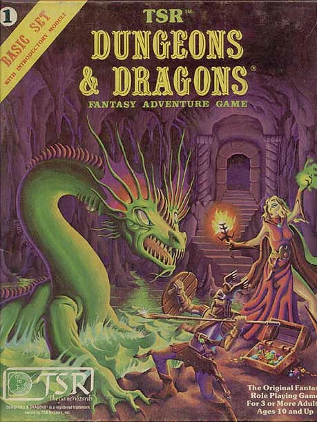 Vintage-Cover des Dungeons & Dragons Grundsets mit Abenteurern im Kampf gegen einen grünen Drachen
