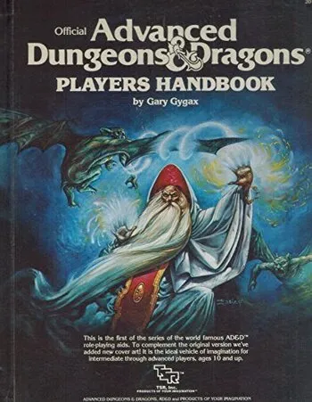 Klassisches Cover des Advanced Dungeons & Dragons Spielerhandbuchs mit einem Zauberer, der Magie wirkt