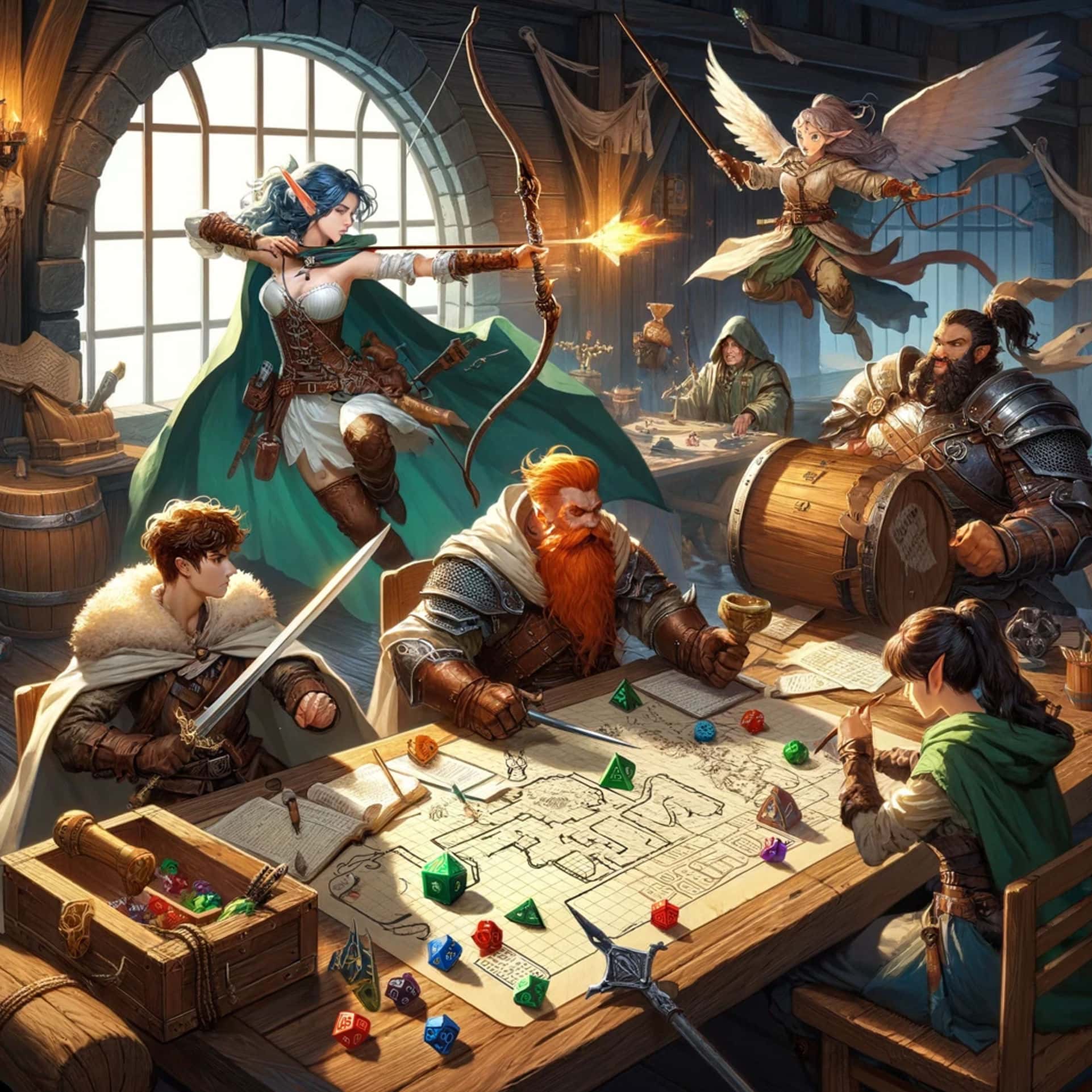 Epische Szene: Spieler genießen ein Dungeons-&-Dragons-Spiel mit Würfeln und Charakterbögen