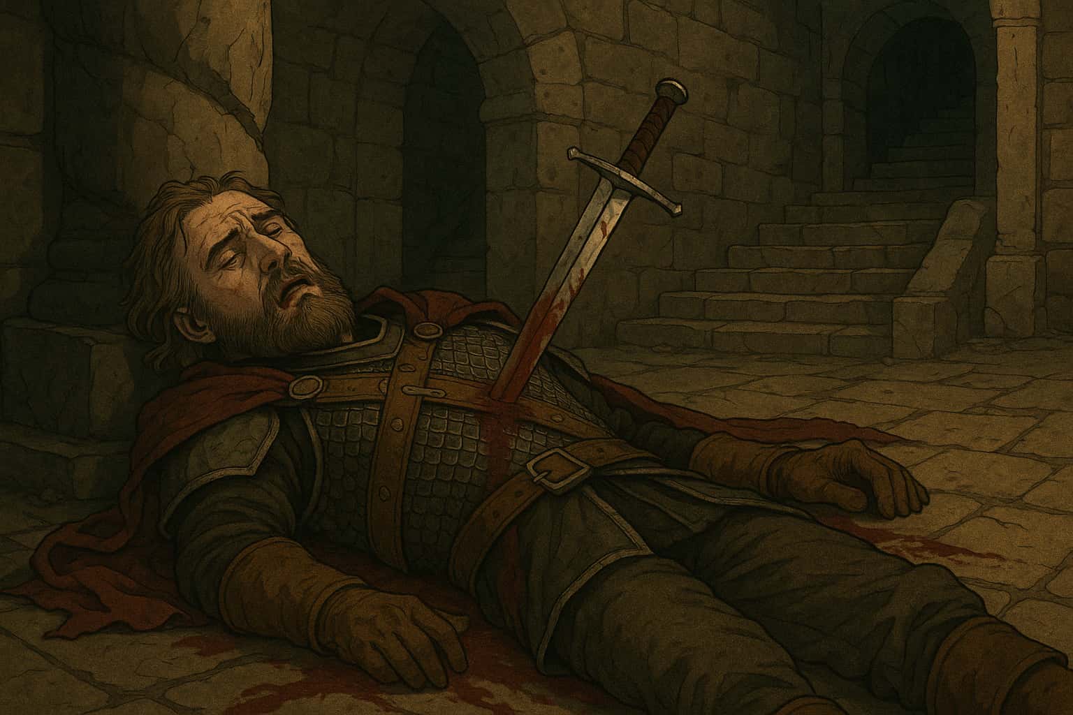 Gefallener Dungeons and Dragons-Ritter mit einem Schwert in der Brust, der in einem dunklen Steindungeon liegt.