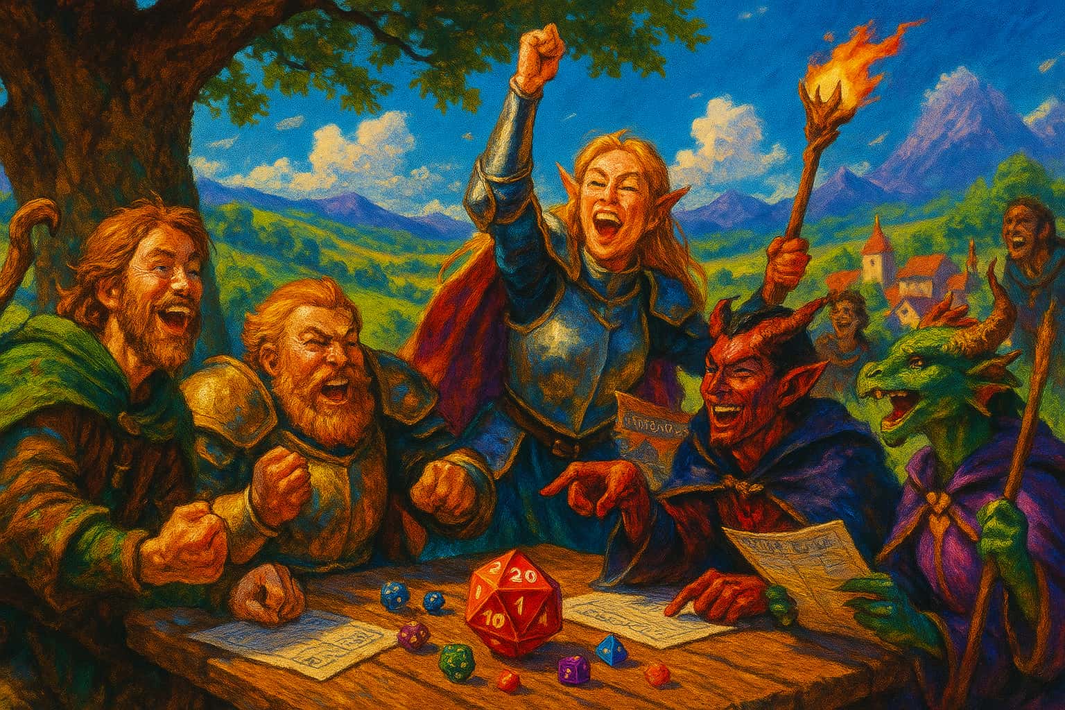 Fantasy‑Szene mit Abenteurern und Würfeln am Tisch in einer epischen Dungeons‑&‑Dragons‑Spielrunde